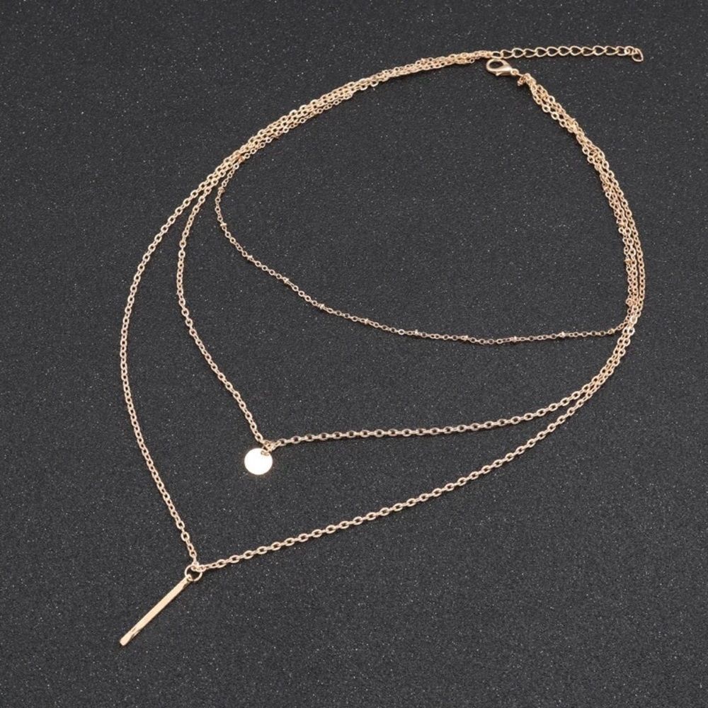 Gold Layered Necklace 3 Tier Chain Pendant Minimalist Dainty Jewelry - Picture 3 of 5